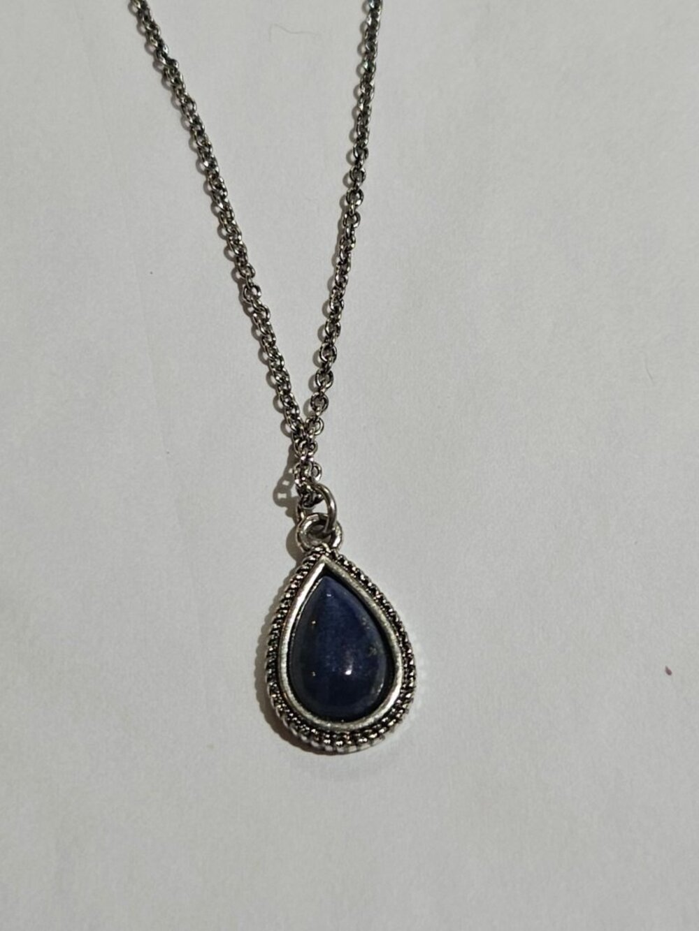 Silvertone Teardrop Pendant Necklace Blue Cabochon 24 - 26 inches Long